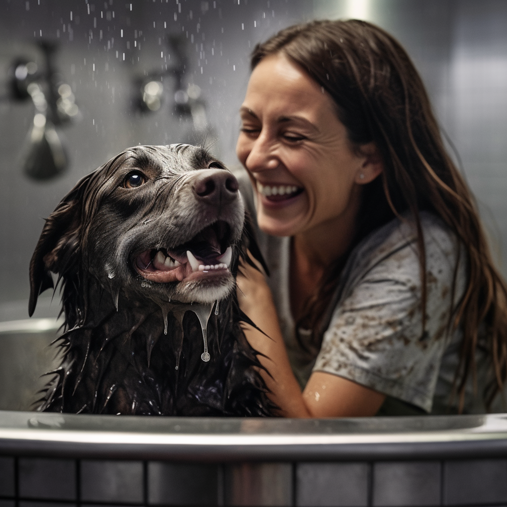 une femme en train de donner un bain à son chien