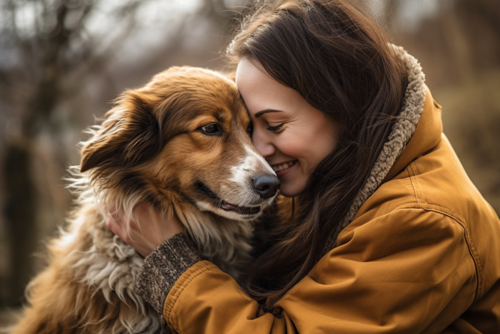 une femme qui prend dans ses bras son chien car elle connait l'importance du brossage chez le chien. Elle va ensuite brosser son compagnon.