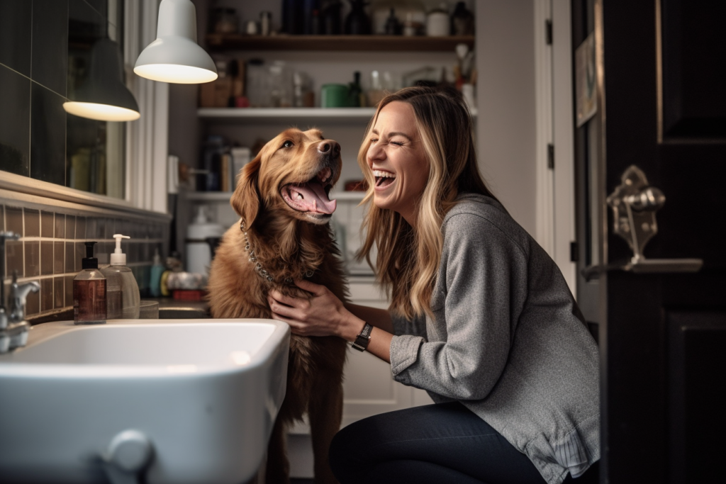 une femme heureuse qui sait Pourquoi est-il important de brosser les dents de ton chien.
