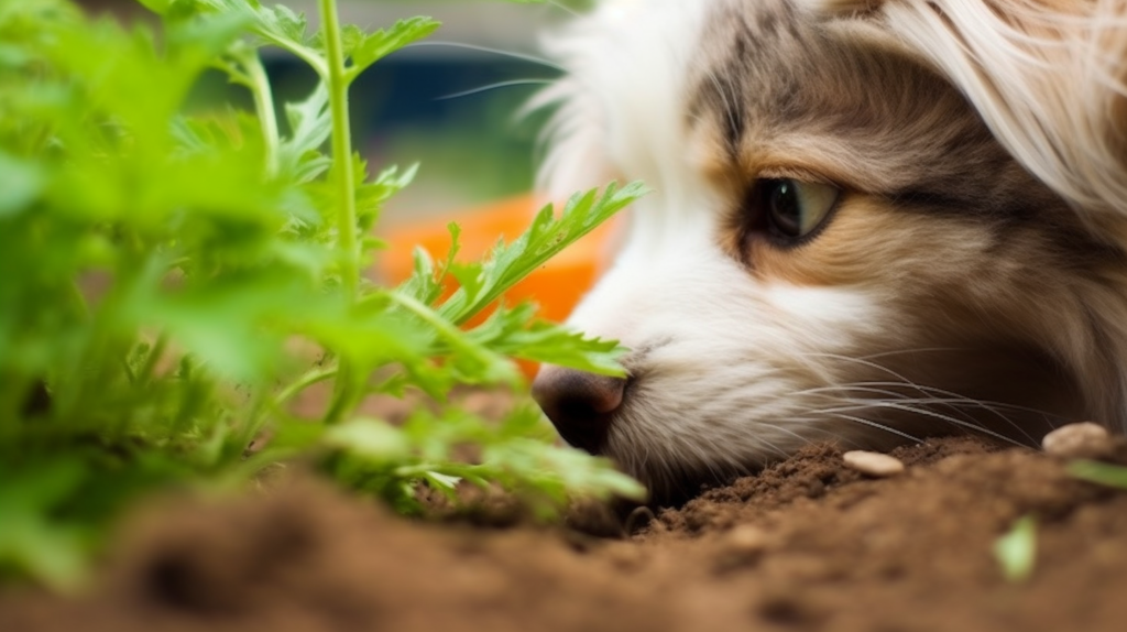 La Naturopathie Animale : Pourquoi et Pour Qui. un chien prêt d'une plante dans un milieu naturel