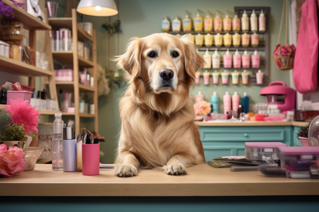 un chien dans un salon toilettage qui attend l'arrivée du toiletteur canin