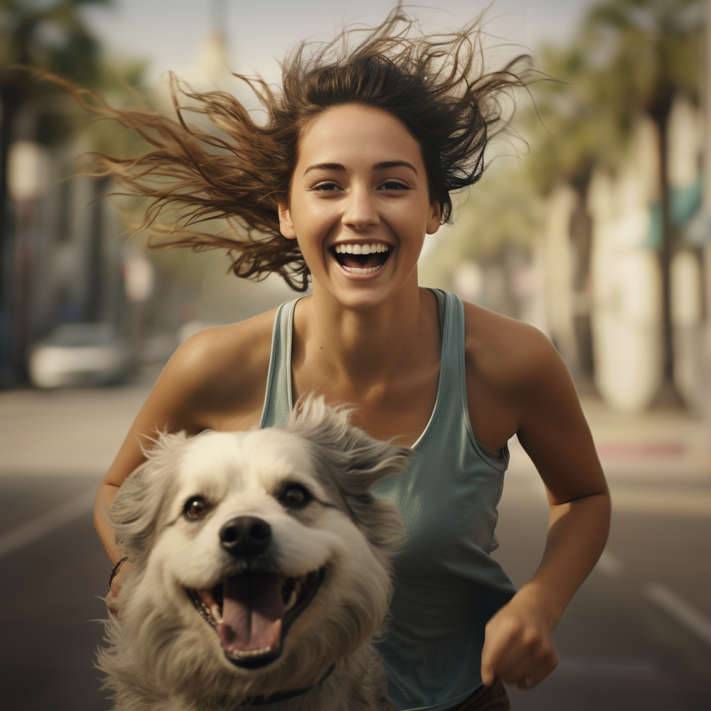 Pourquoi la rentrée est le moment idéal pour lancer ton projet de travailler avec les animaux? Une femme heureuse et libérée avec son chien qui va créer une entreprise dans le domaine animalier