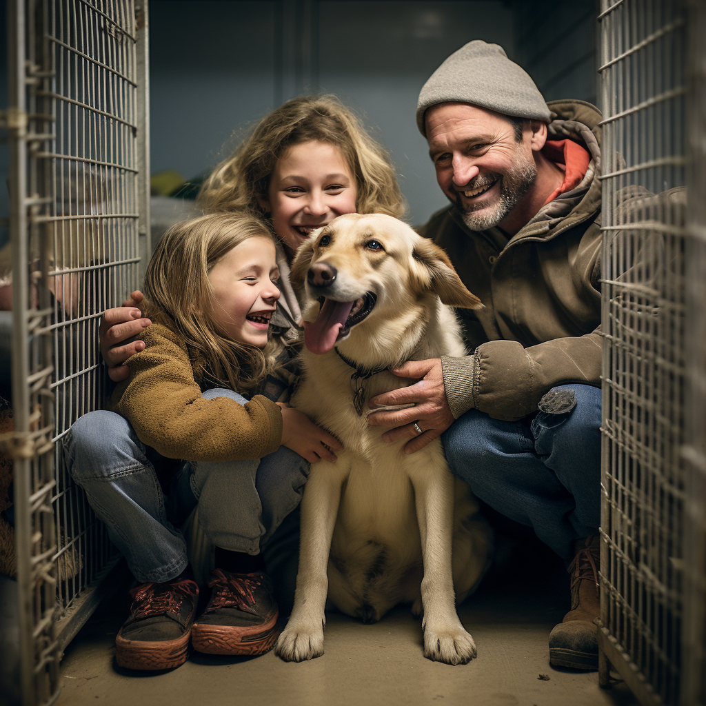 L'adoption d'un animal âgé : pourquoi et comment. Une famille qui adopte un animal dans un refuge et qui est heureuse d'accueillir ce chien dans leur maison