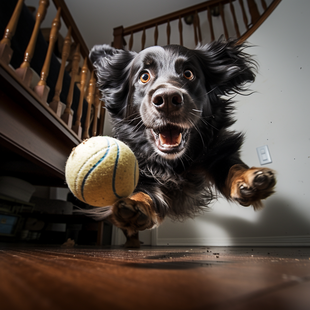 5 idées pour occuper un chien seul à la maison. un chien qui s'amuse à la maison avec une balle.