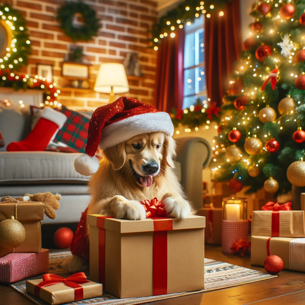 Joyeux Noël : Un golden retriever heureux ouvrant un cadeau de Noël dans un salon décoré, avec un sapin scintillant et des cadeaux emballés autour.